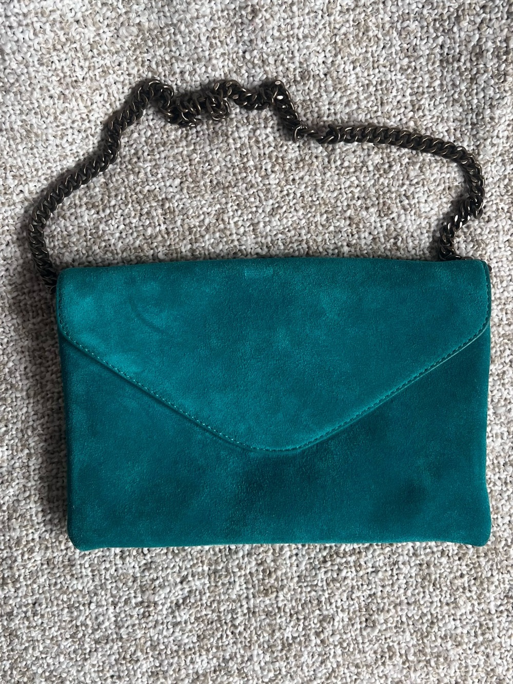 J.Crew Teal Blue Suede Envelope Clutch Shoulder Bag with Antique Chain Strap